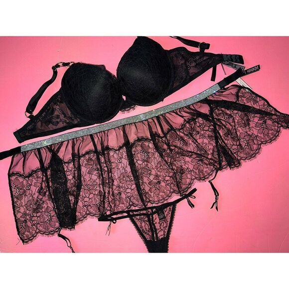 Victoria's Secret 36C,36DD,36DDD BRA SET+M/L garter skirt BLACK lace SHINE STRAP - Picture 5 of 5